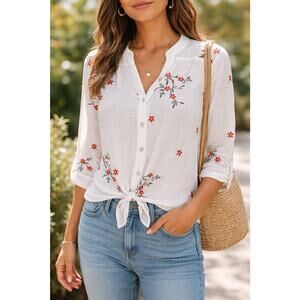 Figueroa & Flower Embroidered Blouse White Red Floral Petite Large NWT W/ Tank